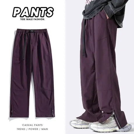 男士冲锋裤美式紫色裤子潮牌痞帅炸街男长裤2024春季直筒裤防风裤商品大图
