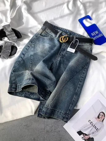 欧洲站复古磨白牛仔五分裤2024春季新款街头显瘦百搭宽松直筒中裤图片