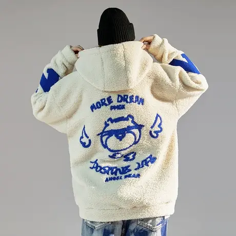 国潮卫衣oversize潮牌羊羔绒刺绣外套男潮宽松加绒加厚情侣装大码商品大图