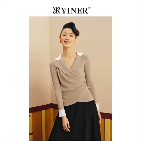 YINER音儿女装春季复古港风撞色西装领亮丝羊毛针织衫套头图片