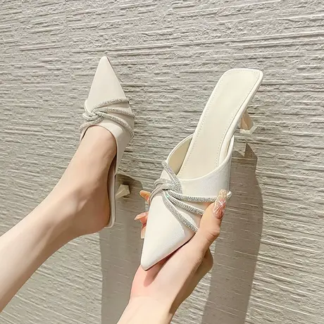 2024年春秋新款尖头网红水钻半拖鞋包头凉拖女外穿时尚细跟高跟鞋商品大图