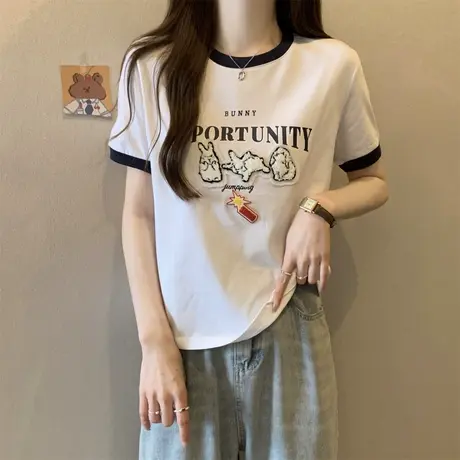 美式辣妹风正肩短袖t恤女夏季修身显瘦小众设计感独特短款上衣ins商品大图