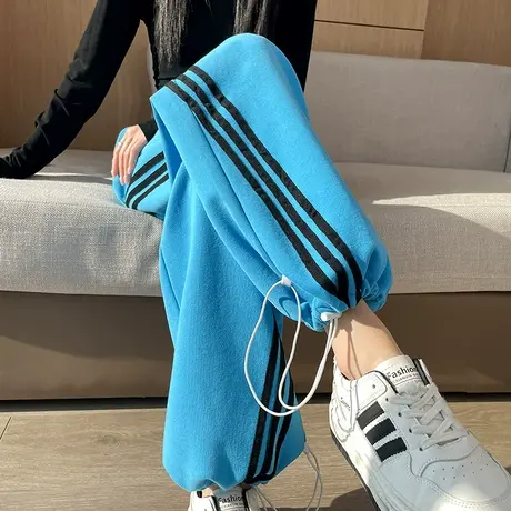 美式三条杆高腰阔腿女早春新款休闲运动裤宽松显瘦蓝色束脚卫裤子图片