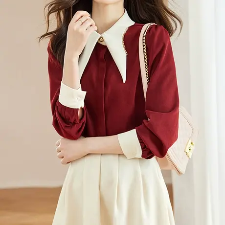 韩潮袭人高级感撞色气质娃娃领衬衫宽松显瘦百搭衬衣图片