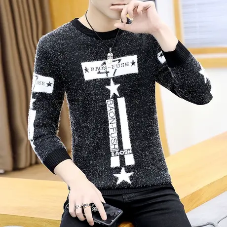 秋冬季潮牌针织t恤男生韩版圆V领保暖上衣修身型男装马海毛厚毛衣商品大图