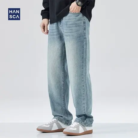 hansca直筒牛仔裤男宽松纯棉美式春季新款潮牌复古磨白休闲阔腿裤商品大图