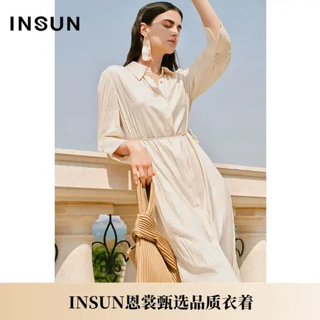 INSUN恩裳夏季光泽海岛纱褶皱衬衫领连衣裙图片