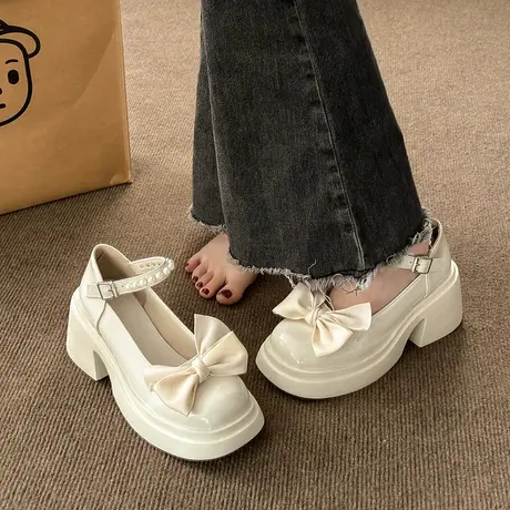 法式玛丽珍小皮鞋女2024春新款厚底增高蝴蝶结配裙子粗跟高跟单鞋商品大图