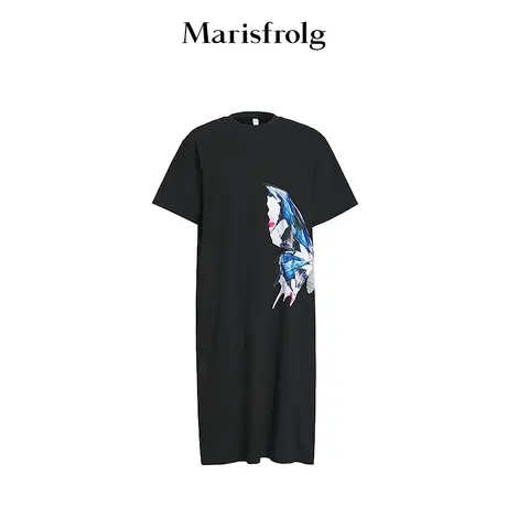 【商场同款】玛丝菲尔2024夏季新款黑色通勤蝴蝶印花T恤连衣裙女图片