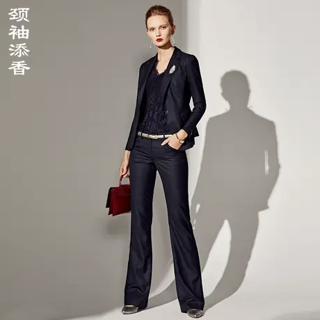 颈袖添香2023秋季总裁西装长裤两件套羊毛藏青色职业正装套装商品大图