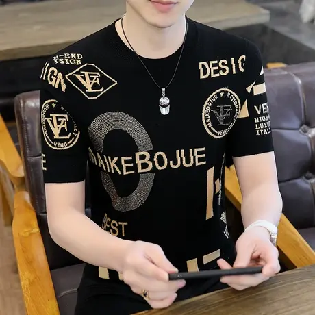 针织短袖T恤男夏季烫钻印花修身圆领上衣休闲男款冰丝半袖体恤薄T商品大图