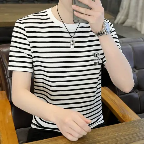 2023夏季男士新款短袖t恤潮流条纹圆领polo衫流行休闲百搭体恤商品大图