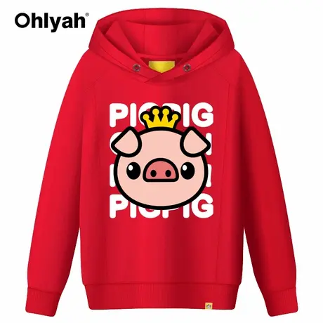 Ohlyah猪年卡通韩版潮印花情侣连帽衫卫衣女红色外套工作班服定制图片