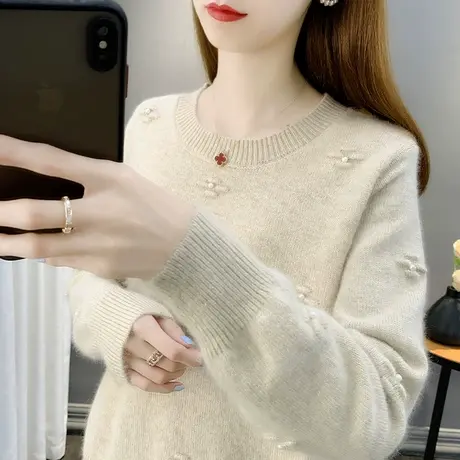 圆领宽松打底衫2023年秋装新款女套头上衣针织衫女士洋气毛衣外穿图片