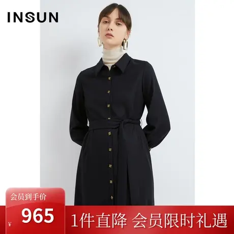 恩裳2022冬季时尚百搭薄呢料衬衣式通勤羊毛连衣裙女图片