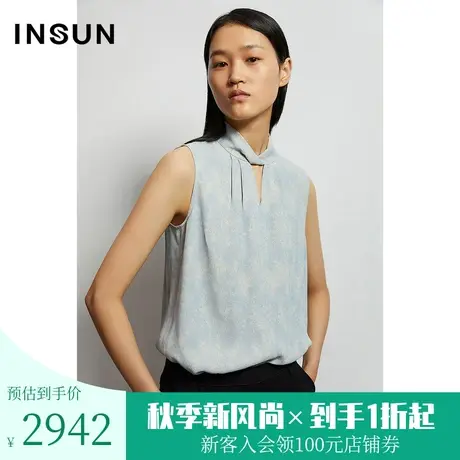 恩裳商场同款春季时尚无袖设计舒适镂空领衬衫上衣女装图片