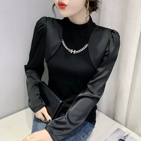 2023春秋新款时尚泡泡袖T恤女设计感链条上衣半高领打底衫长袖潮商品大图