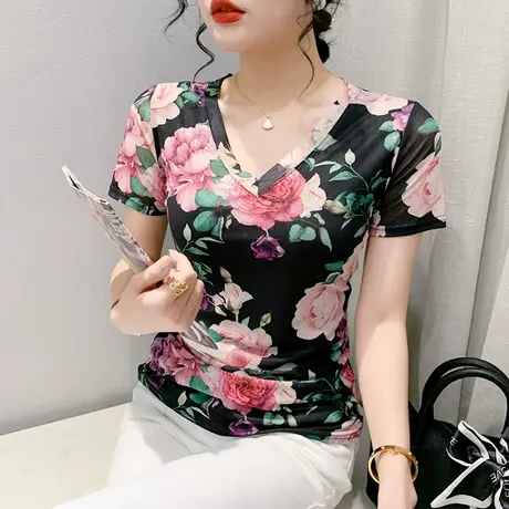 时尚网纱V领T恤女夏季复古年轻漂亮印花小衫短袖性感修身显瘦上衣商品大图