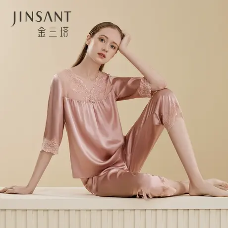 金三塔真丝拼接蕾丝雅致睡衣两件套女100%桑蚕丝家居服套装 新品图片