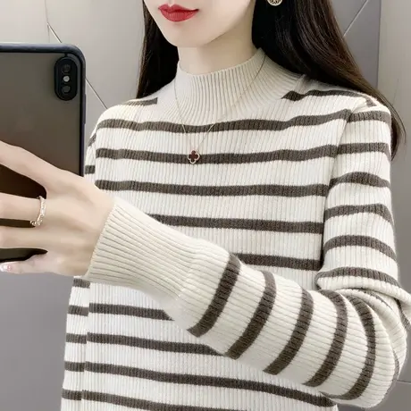 半高领条纹针织打底衫女士宽松内搭2022秋冬新款显瘦毛衣洋气百搭商品大图