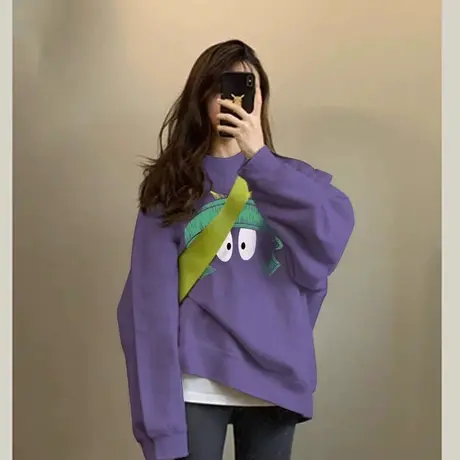 纯棉圆领卫衣女秋冬薄款oversize慵懒风宽松无帽美式秋冬加绒上衣商品大图