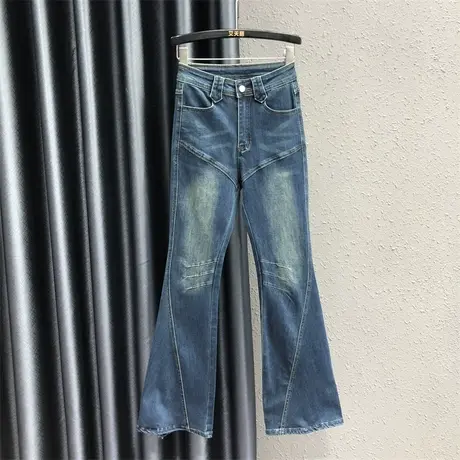 2023秋新款美式复古微喇牛仔裤女高街辣妹印花修身显瘦拖地喇叭裤商品大图