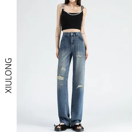 高腰破洞牛仔裤女春秋季2023年新款显瘦直筒宽松垂感拖地阔腿裤子商品大图