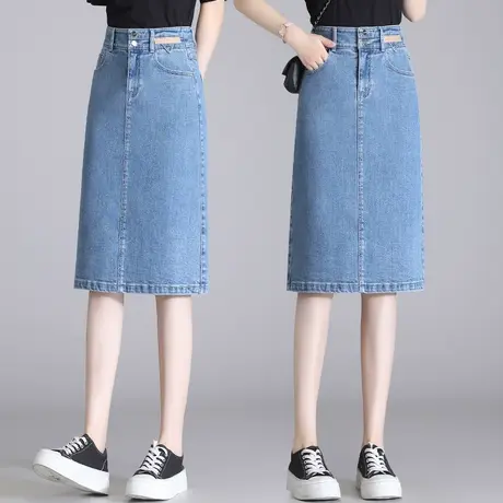 夏季牛仔半身裙女2023年新款高腰A字开叉包臀裙中长款休闲直筒裙图片