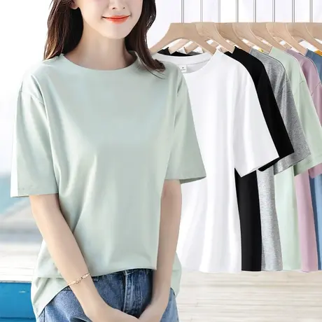 浅绿色短袖t恤女夏季新款宽松遮肚净版纯棉半袖纯色圆领体恤上衣图片