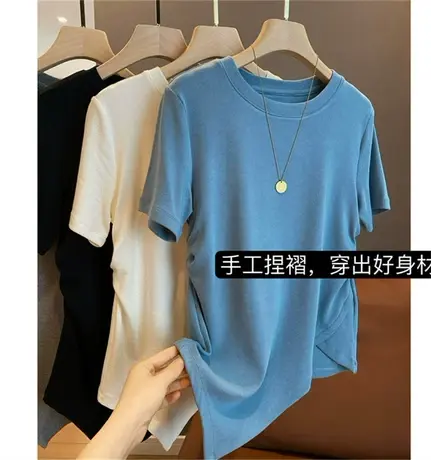 2022春夏新款 小心机褶皱显瘦高科技棉舒适修身不规则ins潮T恤女图片