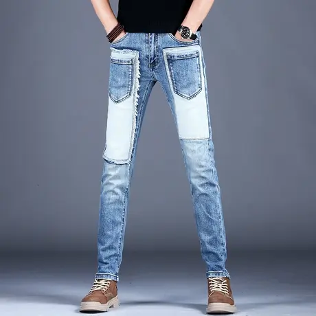 男士多口袋拼接牛仔裤男夏季新款2023浅色潮牌男款裤子男修身小脚商品大图