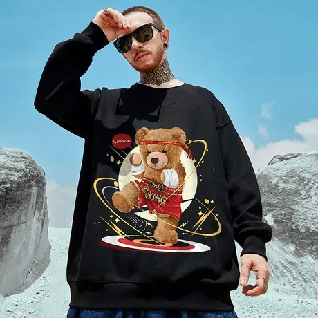 欧美潮牌oversize小熊大码圆领卫衣男潮港风街头嘻哈外套加绒加厚商品大图