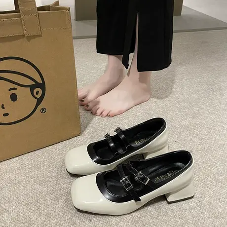 粗跟玛丽珍女鞋2023夏设计感中跟粗跟小众浅口方头单鞋气质小皮鞋商品大图