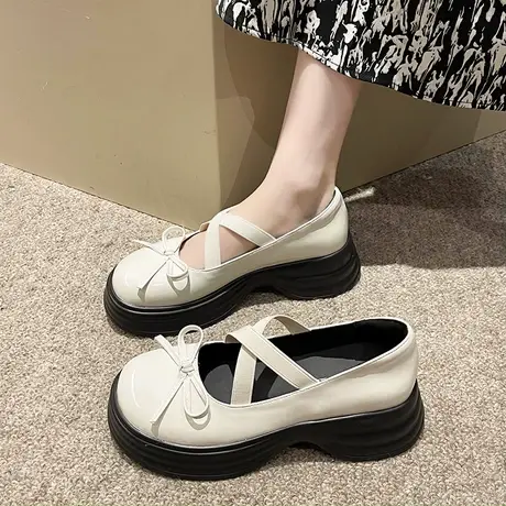 英伦学院复古圆头浅口蝴蝶结厚底松糕秋季小皮鞋2023新款软妹单鞋商品大图