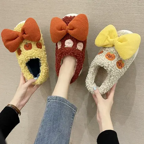 棉拖鞋女秋冬季可爱蝴蝶结室内保暖防滑情侣居家用毛绒包跟月子鞋商品大图