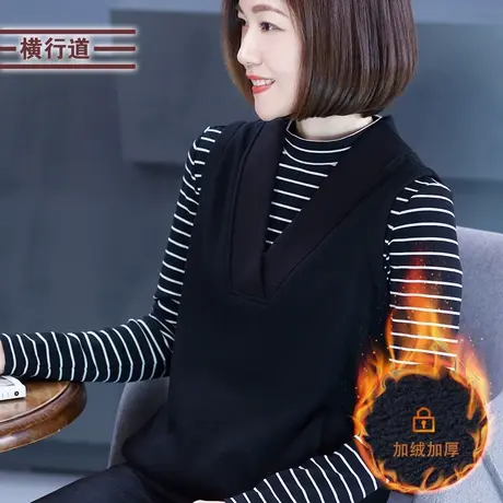2025春季V领加绒加厚外搭宽松黑色外穿马甲背心无袖保暖上衣女装商品大图