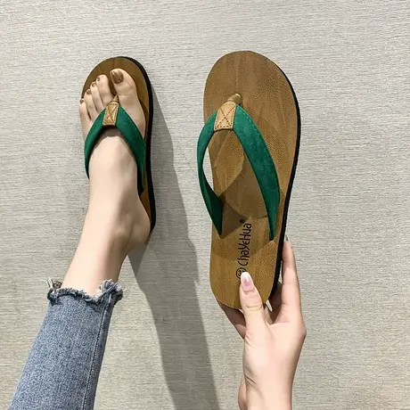 夹趾厚底凉拖鞋女夏外穿时尚休闲平底鞋柔软人字拖绿色显白沙滩鞋商品大图