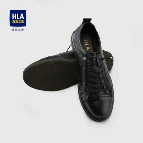 HLA/海澜之家质感牛皮休闲鞋压花设计抽绳系带撞色织带圆头鞋子男商品大图