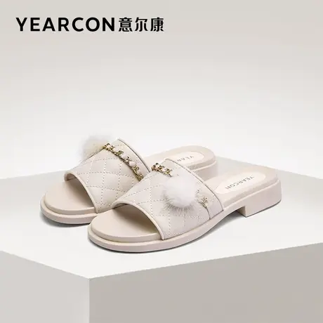 意尔康女鞋夏天凉拖鞋外穿粗跟中跟凉鞋法式仙女风一字拖外出时尚图片