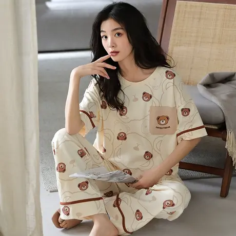 婷美睡衣女夏季纯棉薄款短袖长裤圆领学生ins宿舍外穿家居服套装图片