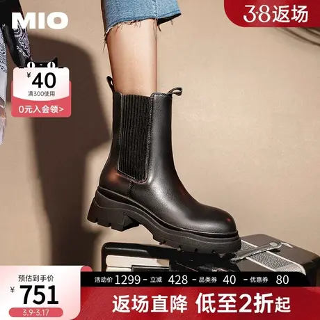 MIO米奥2023年冬季新款靴子圆头中筒复古厚底黑色马丁靴潮流女靴商品大图