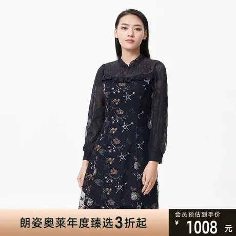 法式蕾丝刺绣轻奢浪漫复古中长款女士连衣裙朗姿集团图片