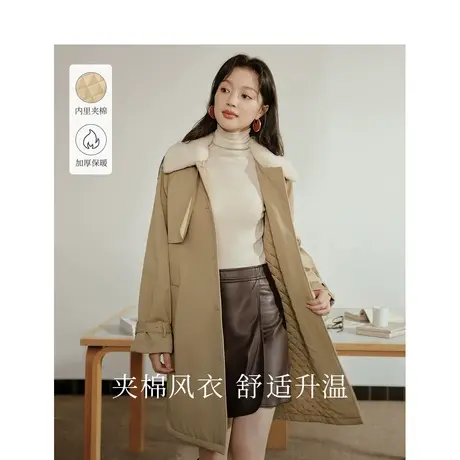 茵曼法式夹棉风衣2023冬季女装新款毛领翻领可调腰带长袖宽松外套图片