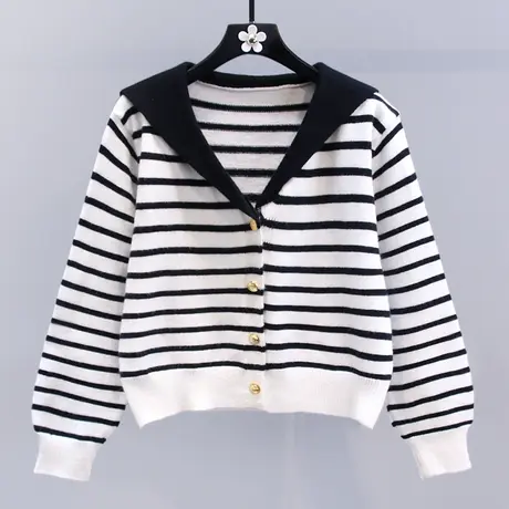 学院风海军领条纹毛衣外套女秋冬2023新款宽松设计感减龄针织开衫图片