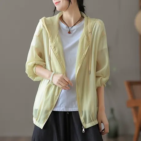 dza 复古连帽薄款防晒外套女士夏季短款上衣纯色宽松显瘦防晒衣服商品大图