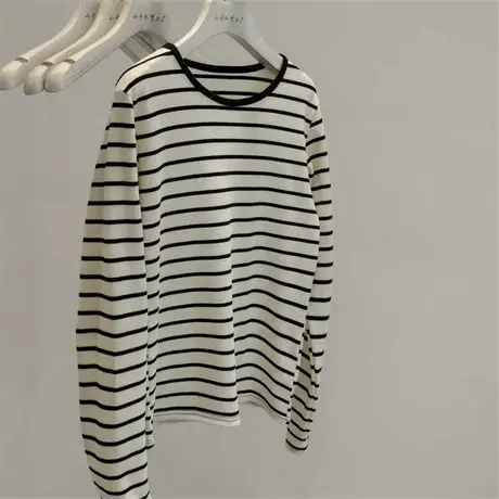 单穿内搭都好看~2023新款肌理感华夫格条纹圆领长袖T恤女打底衫潮商品大图