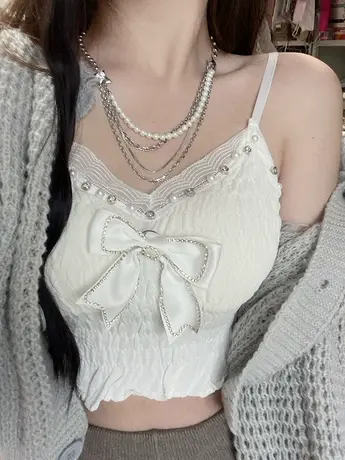 蝴蝶结镶钻白色带胸垫吊带可拆卸背心女夏季修身辣妹小众上衣外穿商品大图