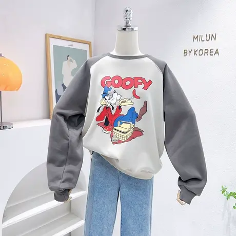 2022秋冬款韩国东大门原宿风复古卡通插肩袖加绒卫衣慵懒风上衣厚商品大图