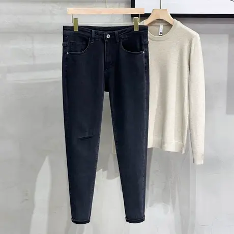 秋季美式潮牌破洞牛仔裤男秋冬修身潮流长裤小脚九分裤黑色乞丐裤商品大图