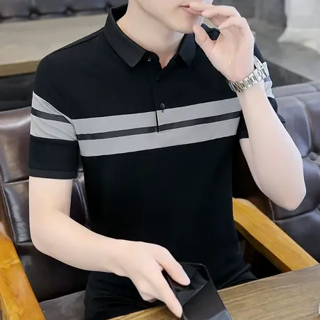 翻领Polo衫男士珠地网眼条纹短袖t恤2025夏季新款潮流男装上衣服商品大图